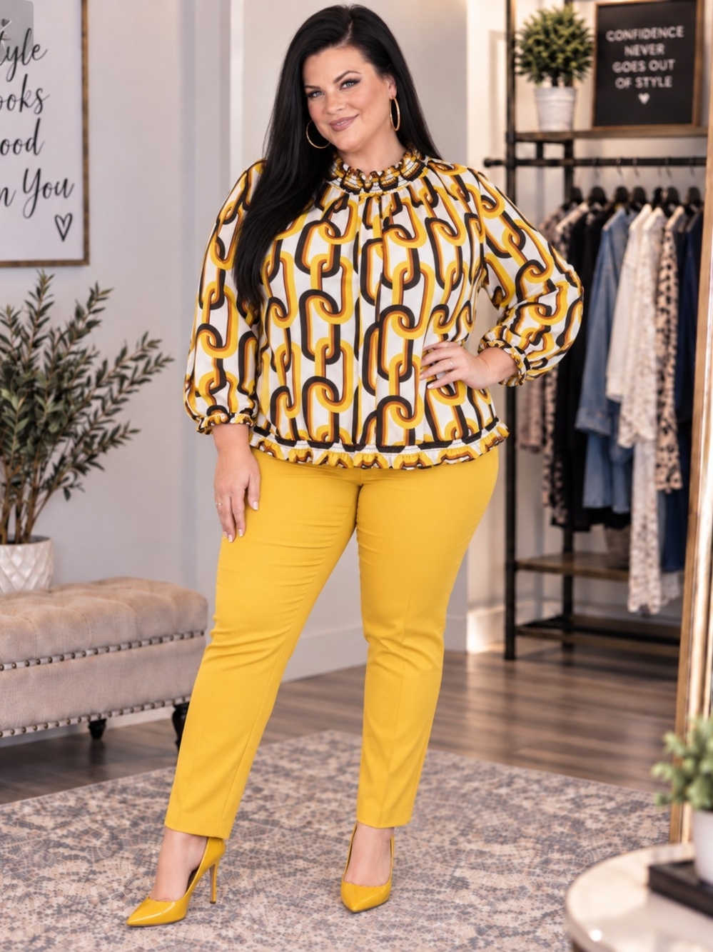 Plus Size Abstract Chain Print Ruffle Neck Long Sleeve Blouse